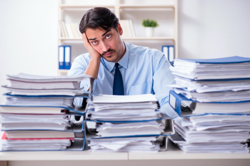 a stressed man sitting at a desk surrounded by piles of paperwork, looking exhausted