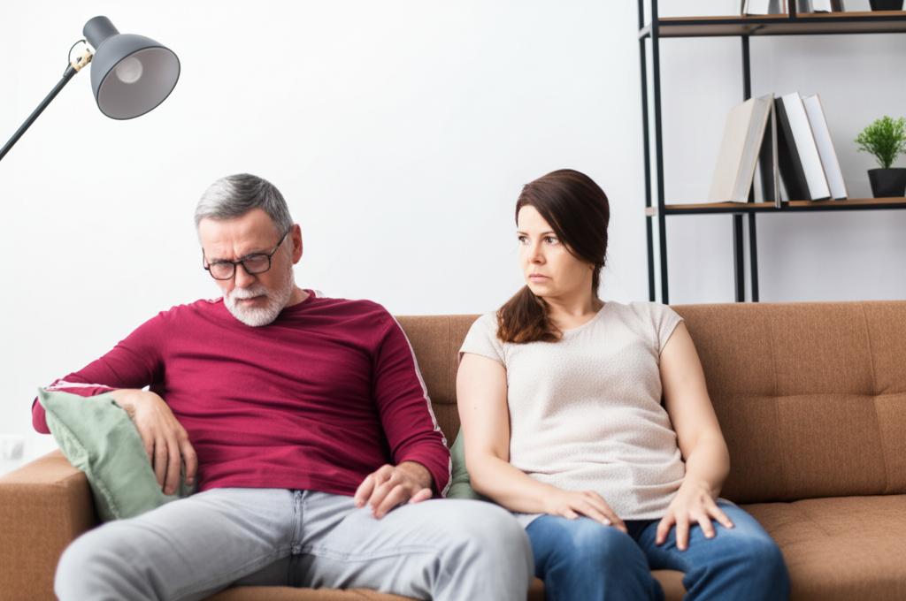 Middle-aged couple looking tired on a sofa, feeling distant