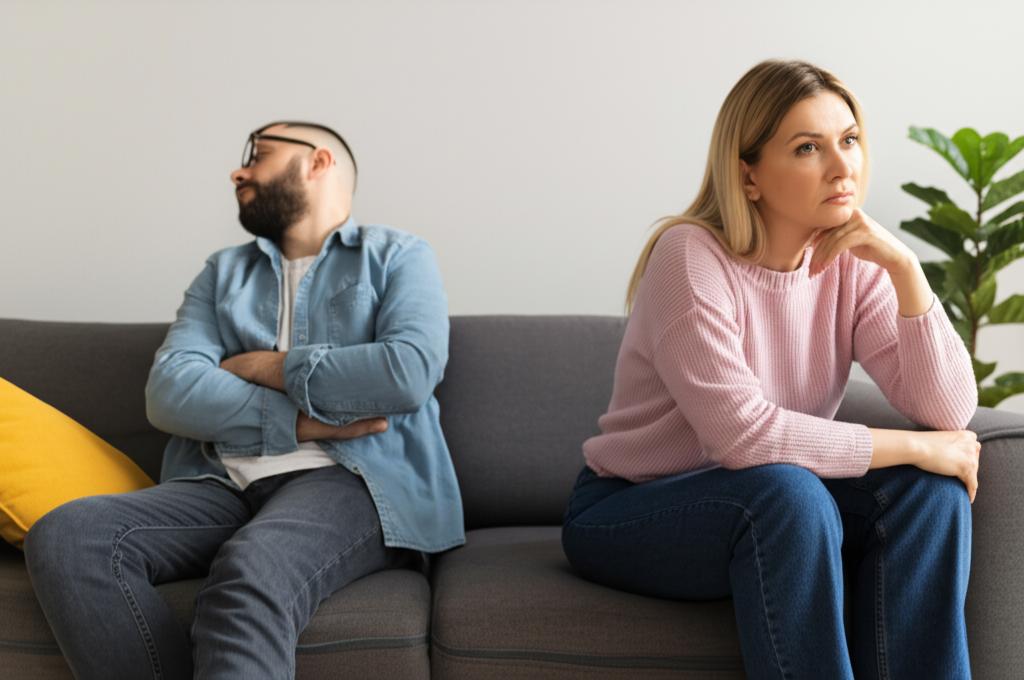Prompt for AI image: Middle-aged couple looking tired and stressed, sitting on a sofa, distant from each other, illustrating relationship strain due to lifestyle.