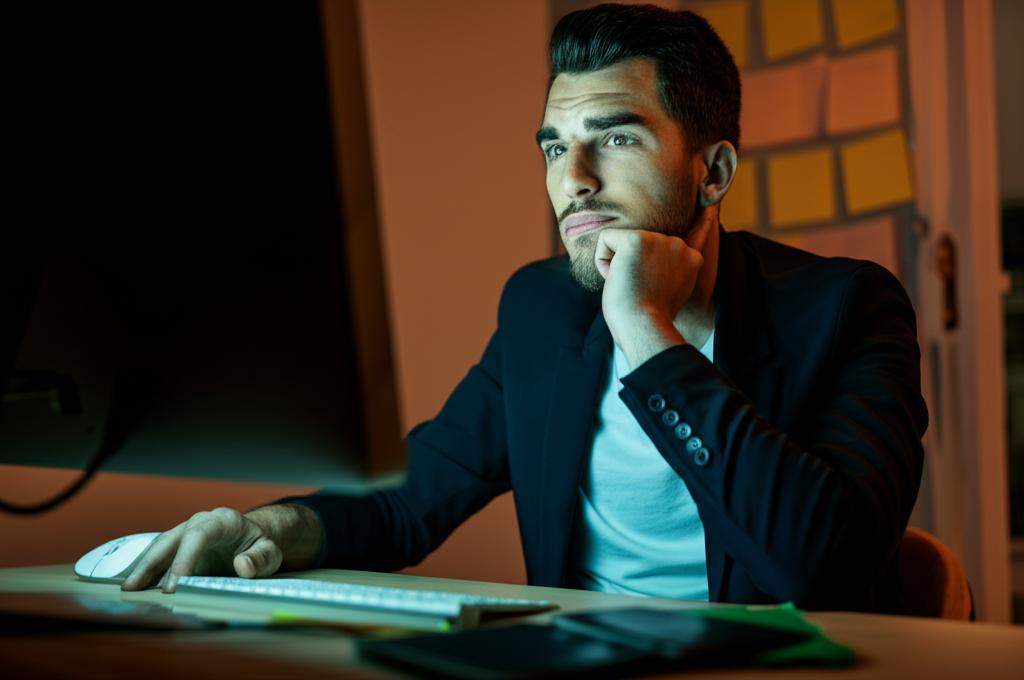 AI prompt: A tired programmer sitting at a desk late at night, screen light on face, looking exhausted.