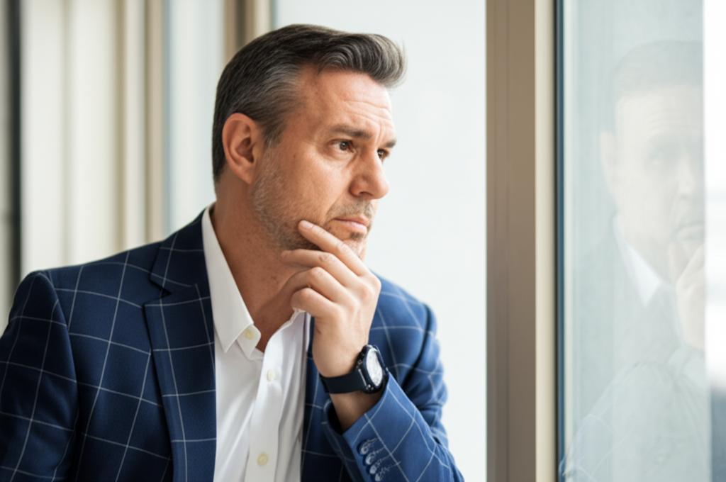 ai prompt: A thoughtful middle-aged man looking out a window, contemplating life