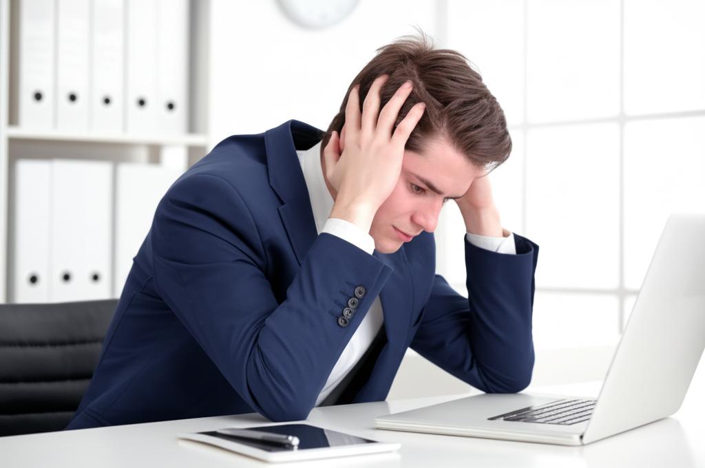 Stressed man sitting at desk with head in hands, office environment