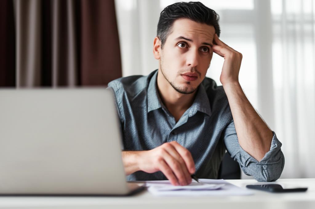 Frustrated man sitting at a desk, looking tired and stressed, thinking about his relationship problems.