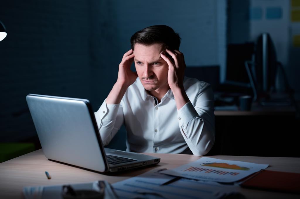 a man looking tired and stressed, sitting at a desk in a dimly lit office, holding his head in his hands.