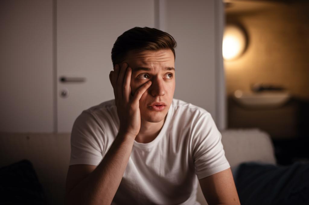 a young man looking worried and frustrated, sitting alone, in a dim room