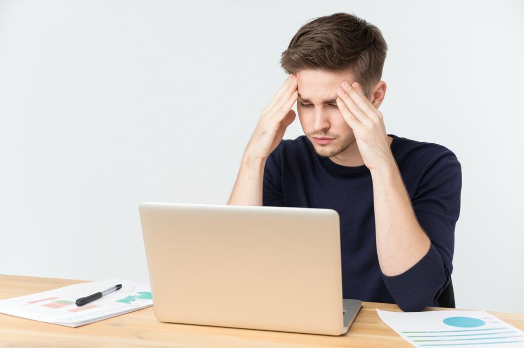 Young man looking tired and stressed, sitting at a desk with head in hands