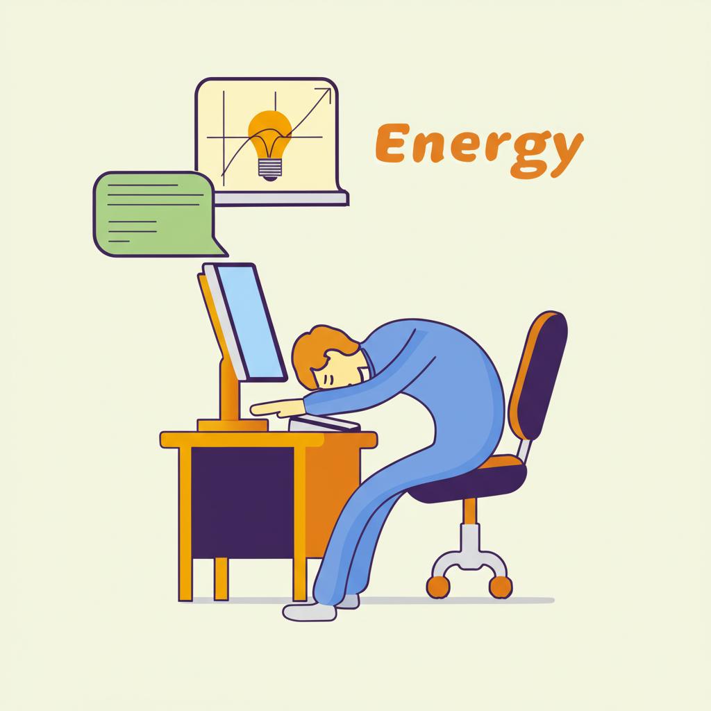 Illustration of a tired office worker slumped at a desk with low energy