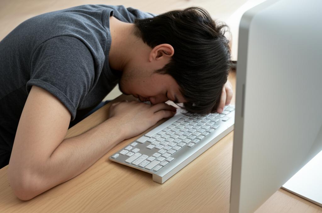 Tired programmer slumped over keyboard, feeling drained and lacking motivation