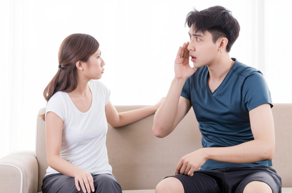 Man sitting on a couch looking tired after exercise, his partner looking at him with concern
