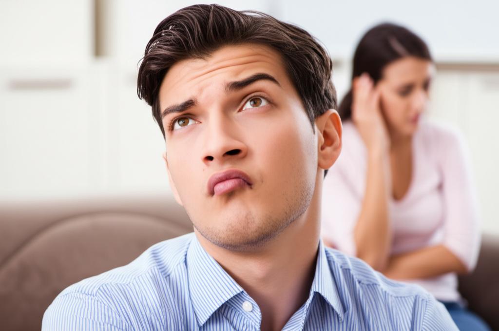 A man looking worried while his wife looks sad in the background, illustrating relationship strain