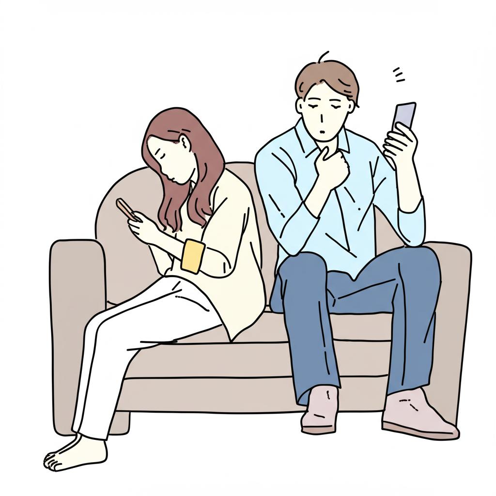 illustration of a tired young couple sitting on the sofa, looking at their phones, feeling distant