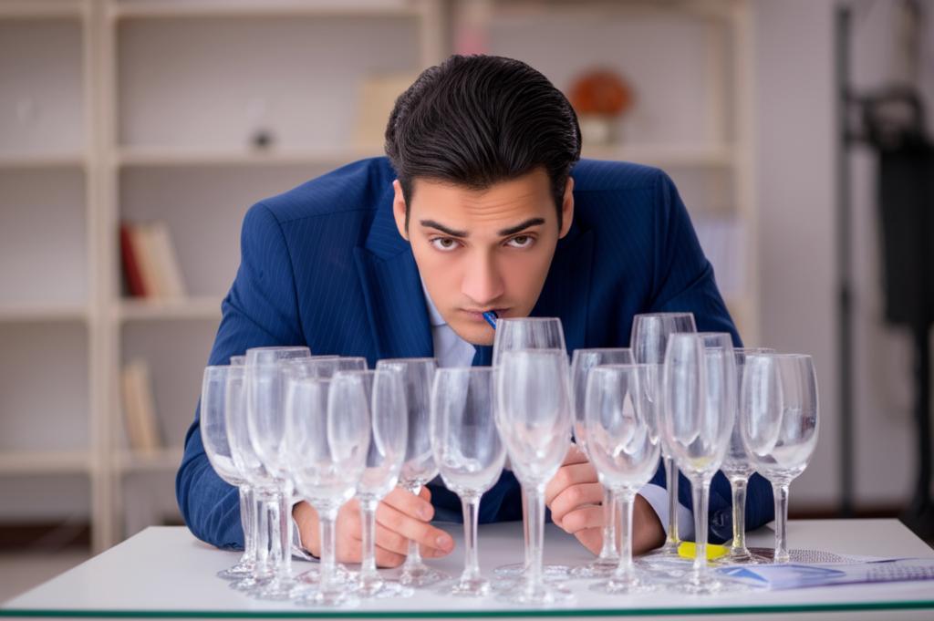 A tired businessman sitting at a table full of empty glasses after a social event.