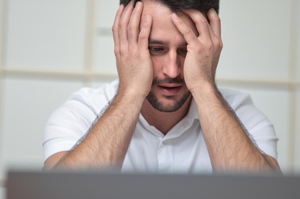 Worried man sitting at desk with head in hands, symbolizing fatigue and lack of concentration