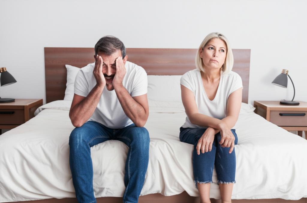 A middle-aged couple looking tired and stressed while sitting on the edge of their bed.