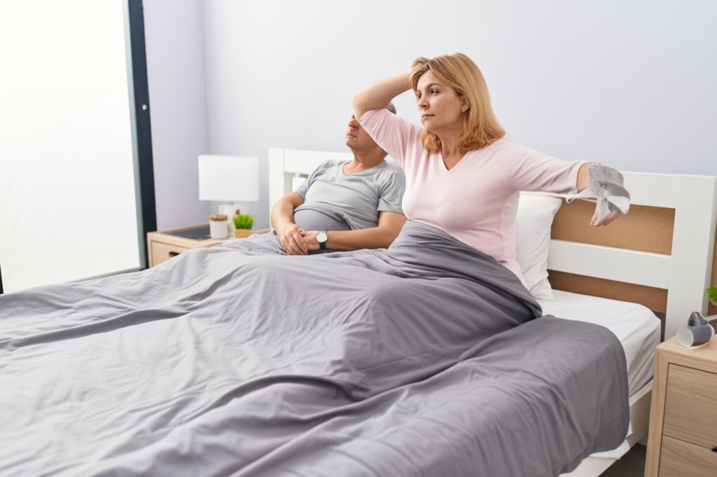 Middle-aged couple looking stressed and frustrated in their bedroom. AI prompt: stressed middle aged couple bedroom