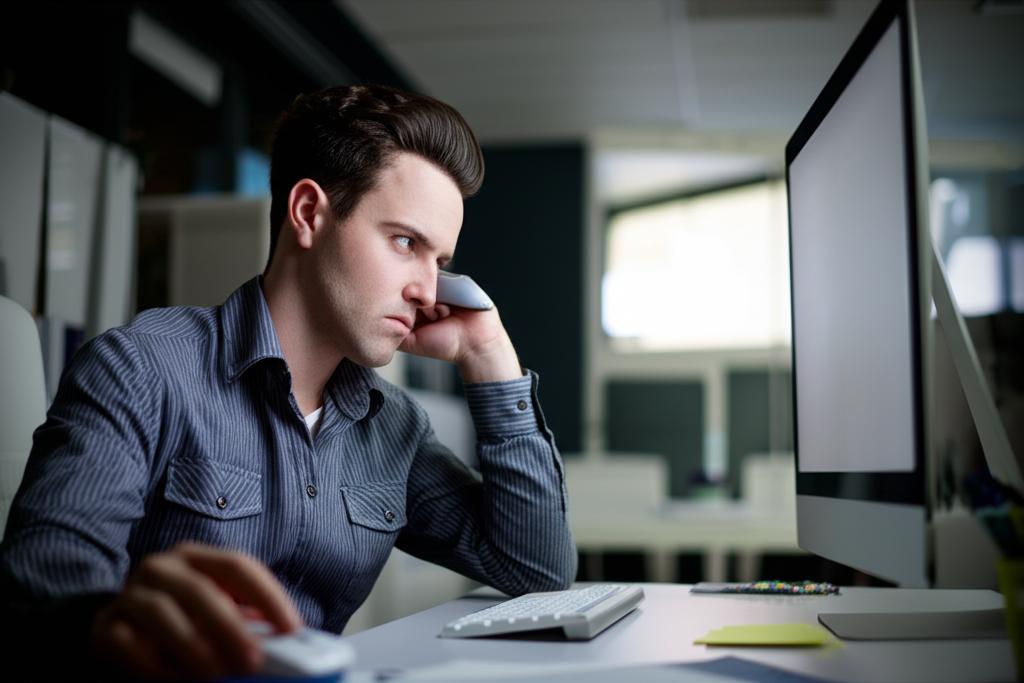 exhausted programmer sitting in front of computer at night