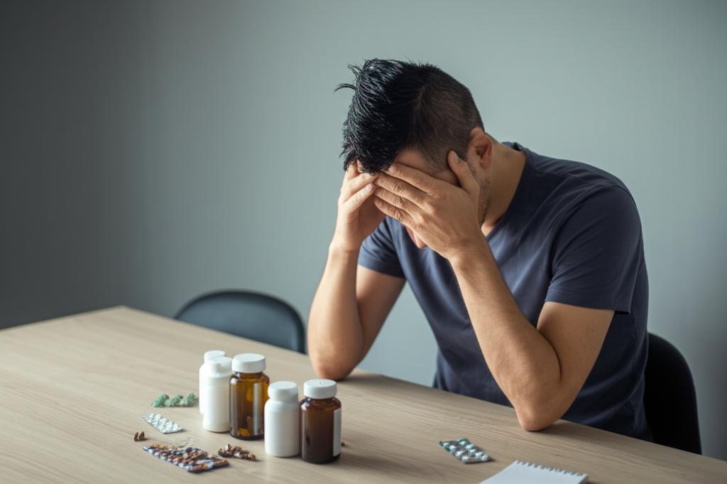 A person feeling tired and stressed, sitting at a desk with a pile of supplements.