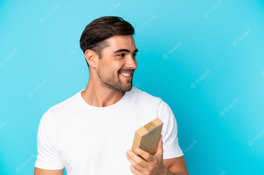 Man looking more energetic and smiling, perhaps holding a product box
