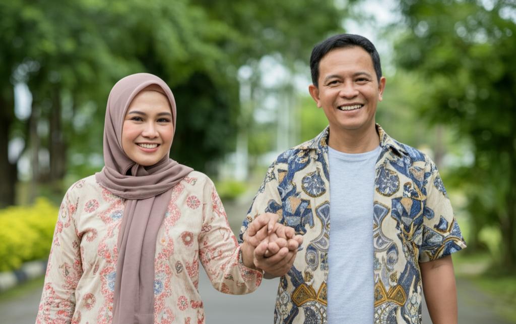 Prompt for AI image: Middle-aged Indonesian couple smiling and holding hands, looking happy and rejuvenated, suggesting improved relationship.