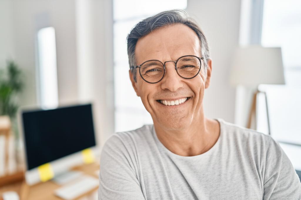ai prompt: A middle-aged man smiling confidently, looking energetic and happy, possibly in a home or office setting, realistic photo