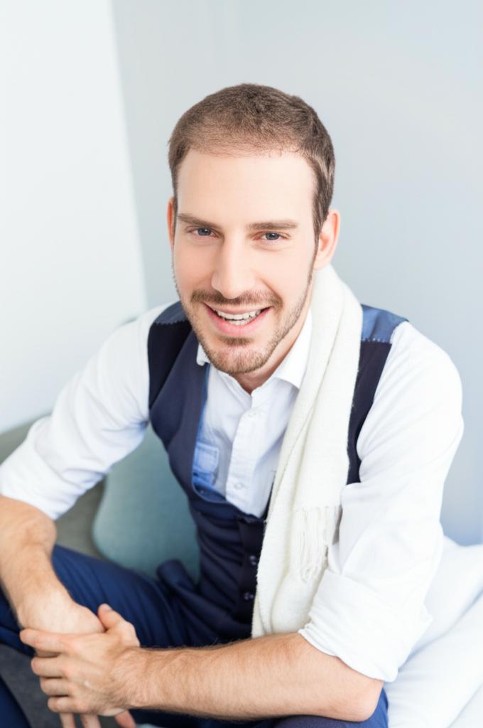 A man smiling confidently, perhaps in a relaxed setting.