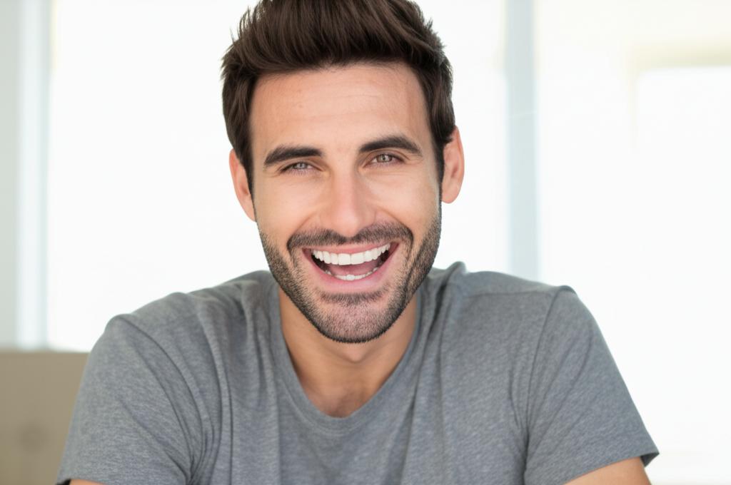 Man smiling confidently, looking energetic, perhaps in a relaxed setting or with his partner (subtly).