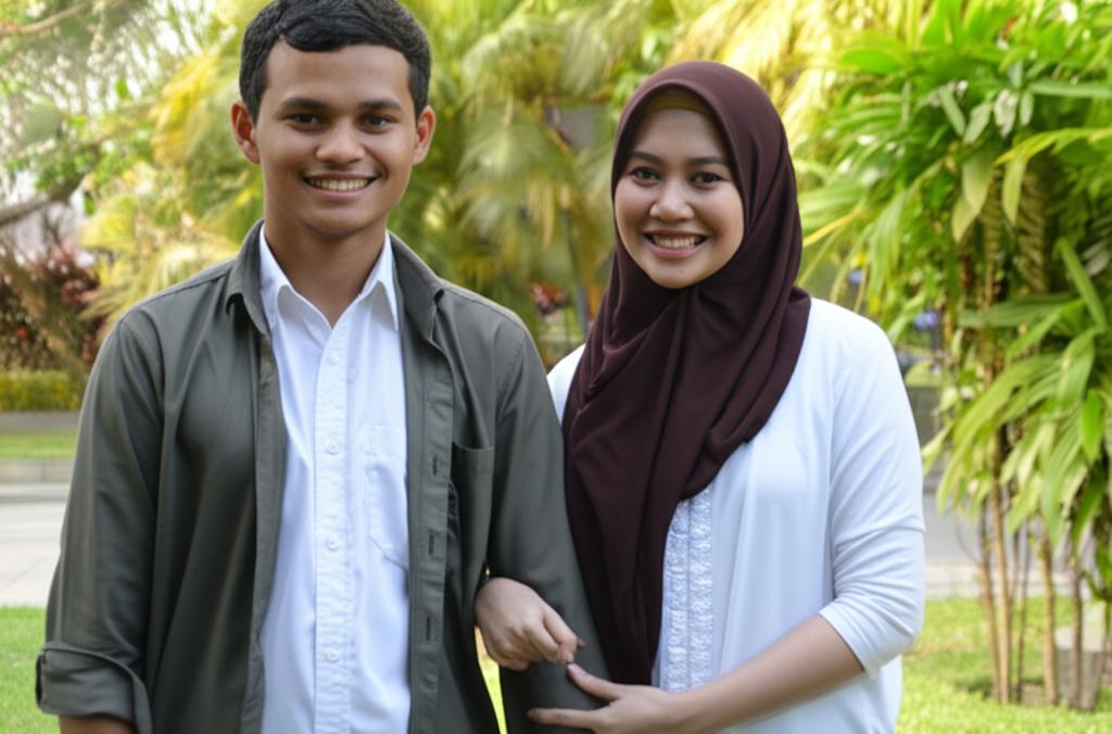 A young Indonesian couple holding hands and smiling warmly, suggesting restored intimacy and happiness.
