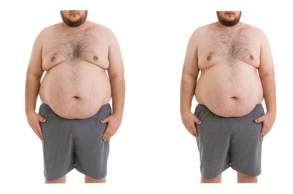 a before-and-after photo of a man, showing him looking tired and overweight in the 