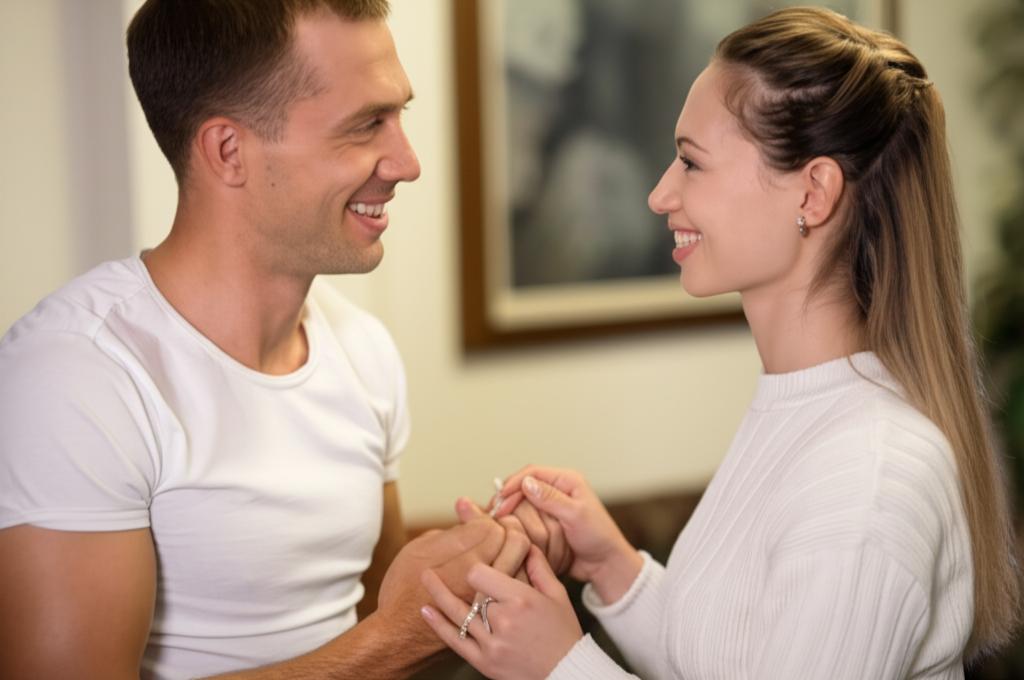 a couple holding hands and smiling, looking happy and intimate, in a warm setting
