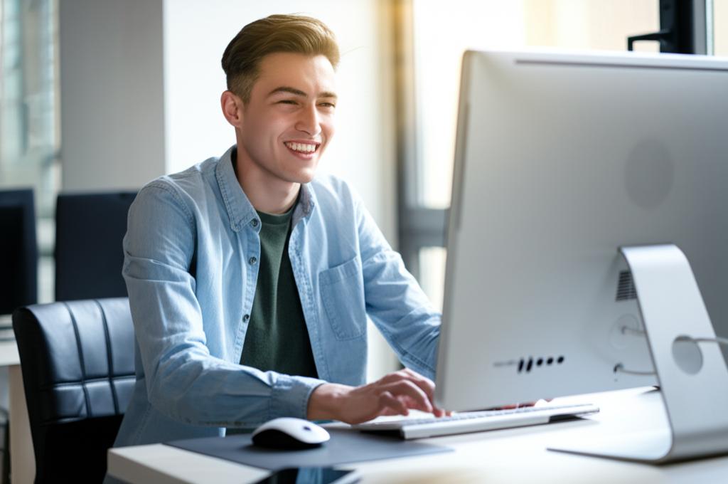 Young man smiling and energetic, working productively at a computer