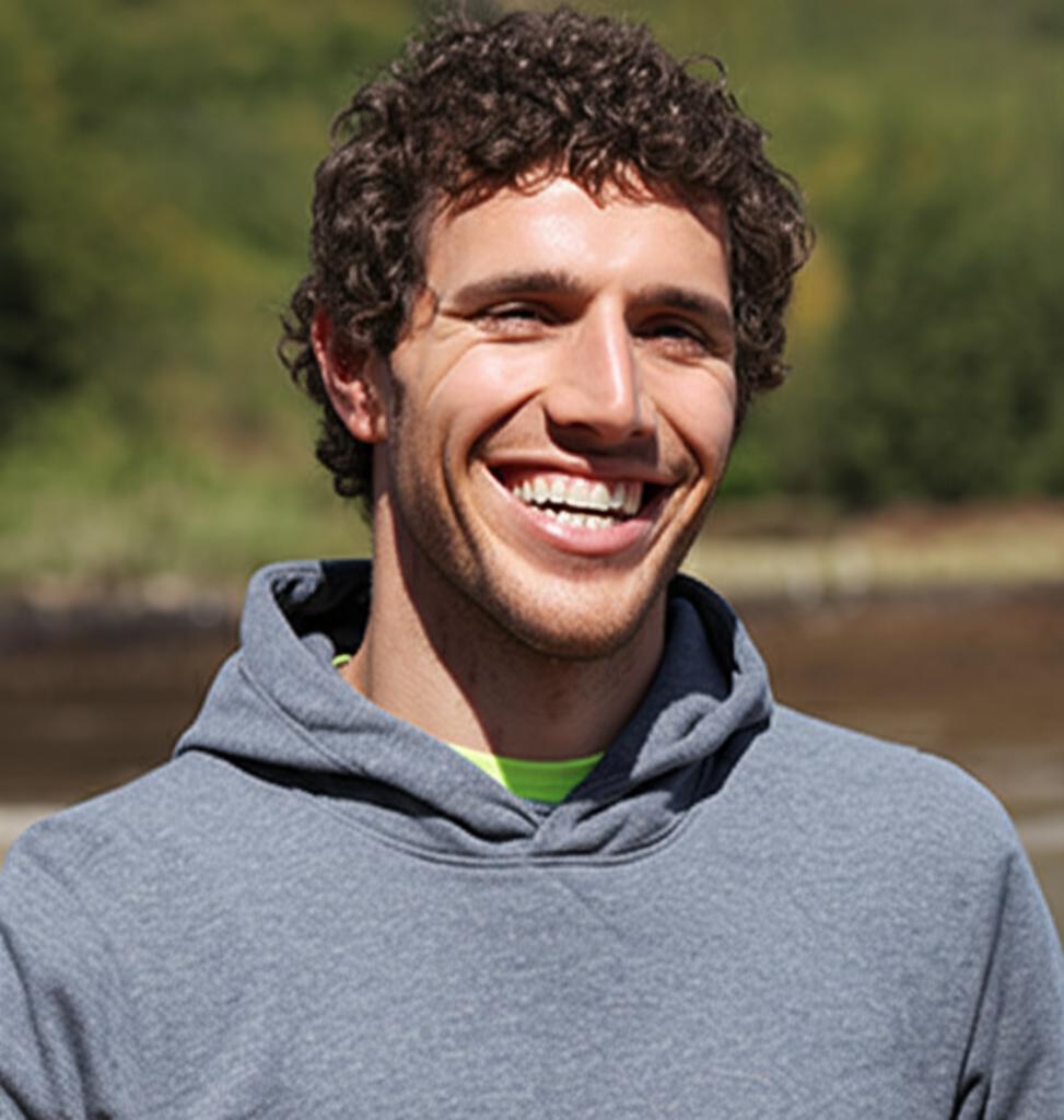 Photo of a man smiling brightly and looking healthy outdoors