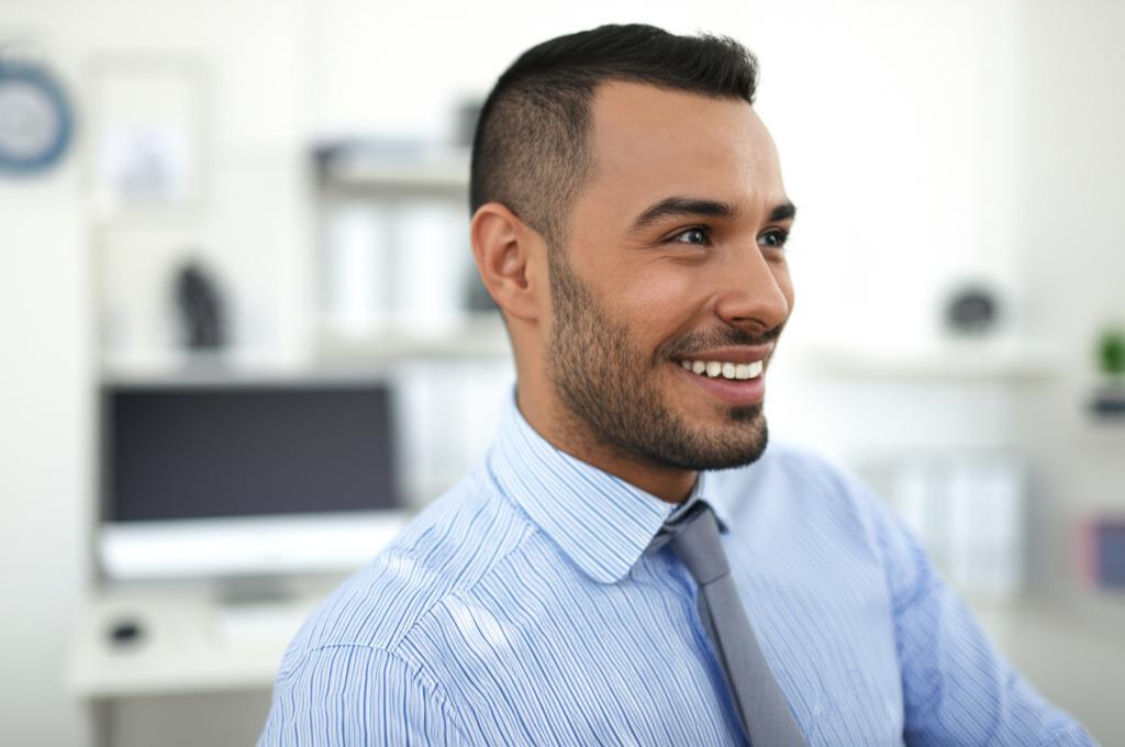 Programmer looking refreshed and smiling, enjoying leisure time
