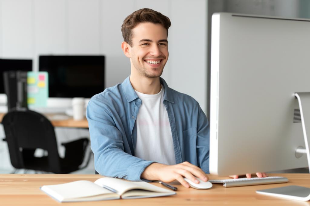 AI prompt: A young man smiling and energetic, working efficiently at a desk, bright and positive atmosphere, realistic photo style