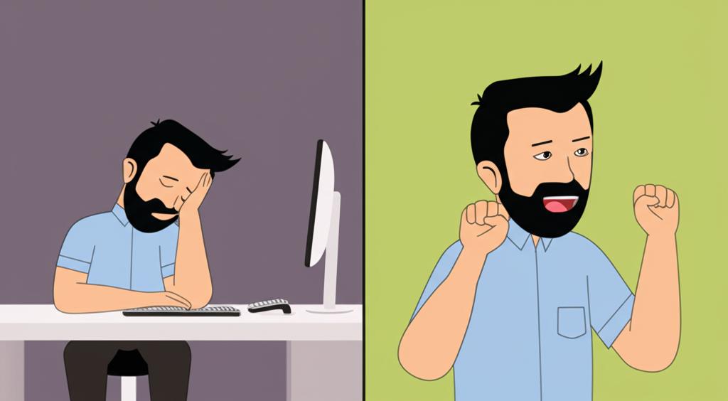 Split image showing a programmer looking tired and slumped on one side, and the same programmer looking energetic and smiling on the other