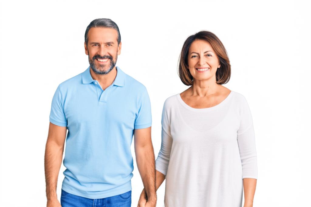 Happy middle-aged couple holding hands, smiling