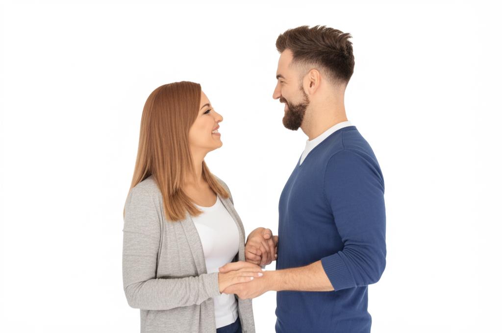 Man looking energetic and happy, holding hands with his smiling partner