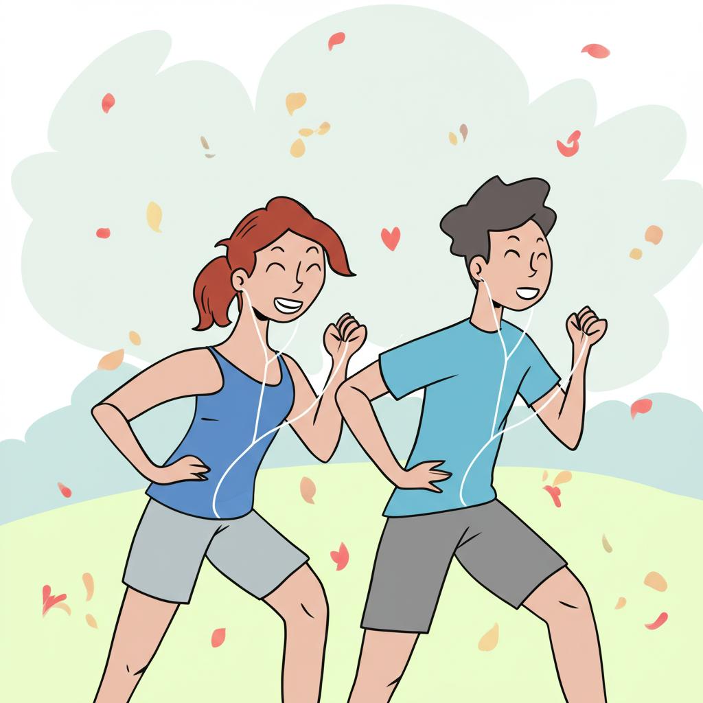 illustration of a happy young couple exercising together in a park, smiling and feeling energetic