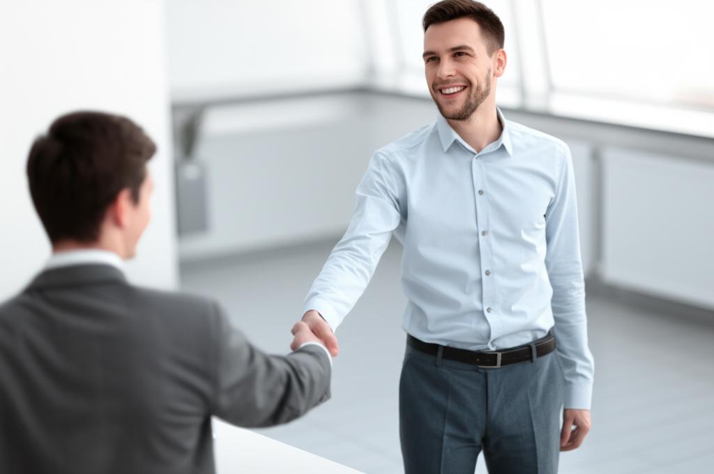 A happy and energetic businessman shaking hands with a client.