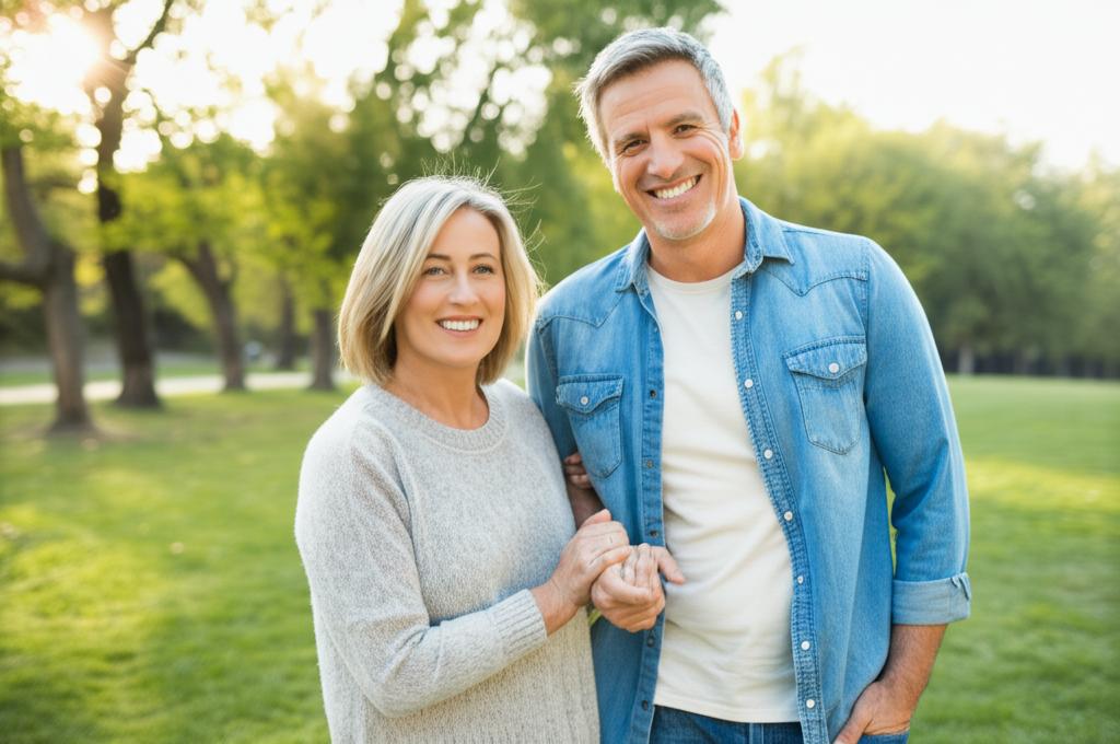 happy middle aged couple smiling and holding hands in a park