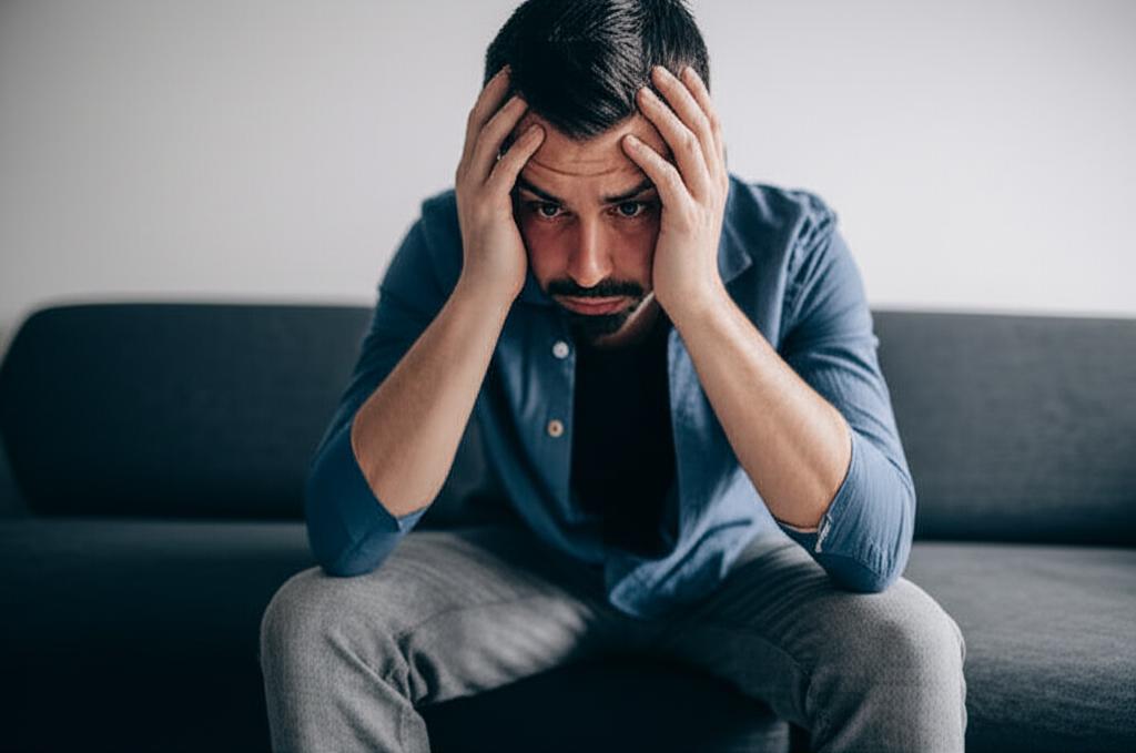 Man sitting on a sofa looking tired and stressed, thinking about his relationship, realistic photo
