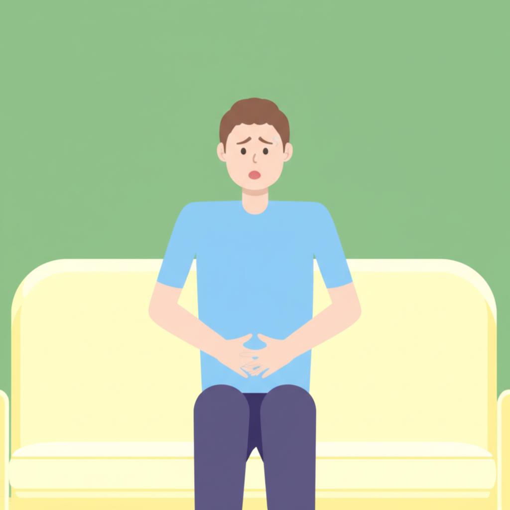 Illustration of a man looking uncomfortable, holding his lower abdomen, with a worried expression, in a domestic setting.