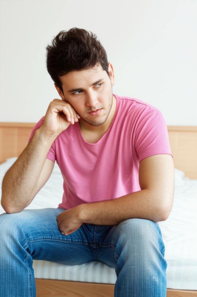 Man experiencing discomfort after intimacy, looking thoughtful
