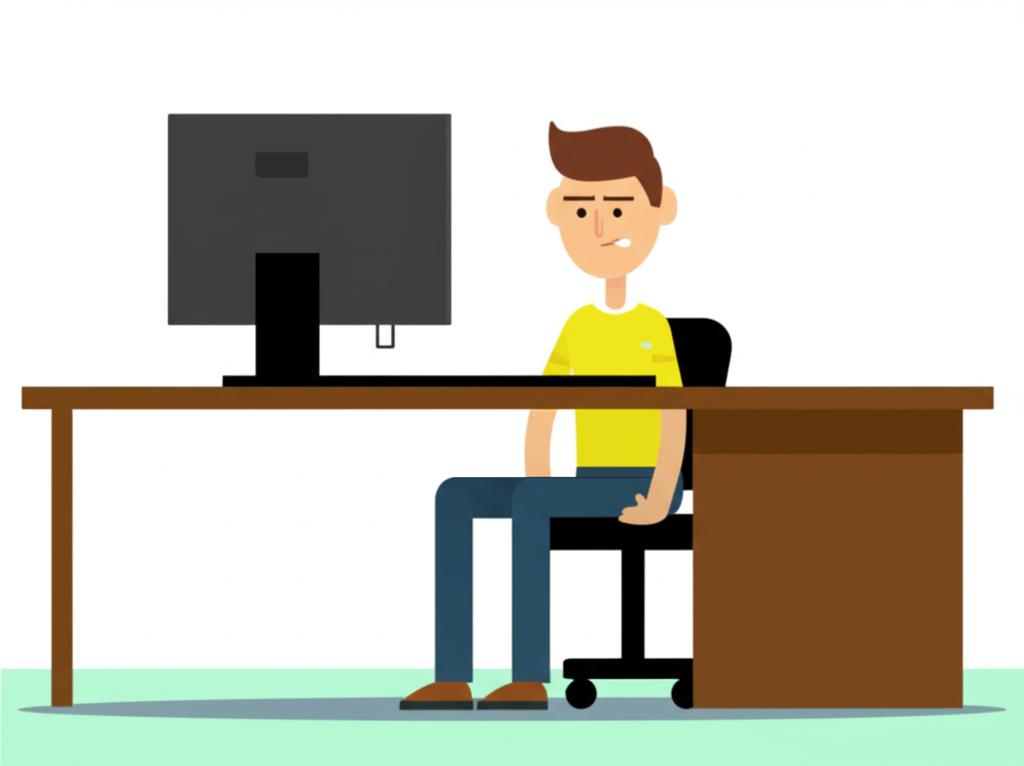 Illustration of a male programmer sitting uncomfortably at his desk, hinting at pelvic discomfort or needing to urinate frequently.