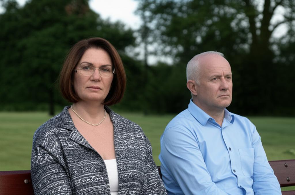 middle-aged couple looking distant, slightly sad