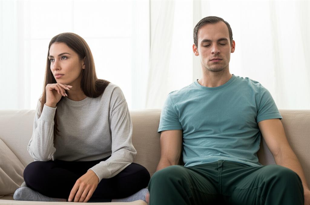 couple sitting on sofa looking distant, husband looking tired