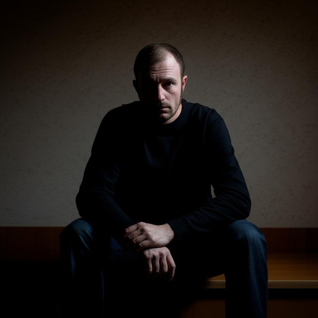 man looking worried, sitting alone, dark mood, realistic photo