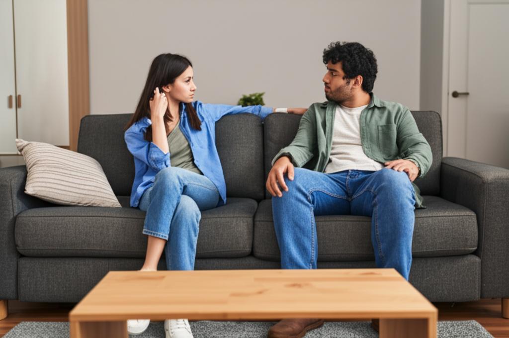 middle aged asian man looking tired and frustrated, sitting on a couch
