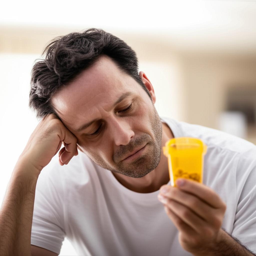 Man looking tired, contemplating a pill bottle, representing reliance on medication