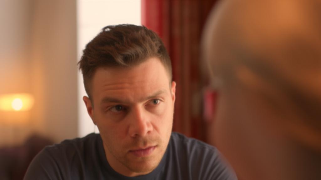man looking thoughtful about performance pressure, subtle intimacy background