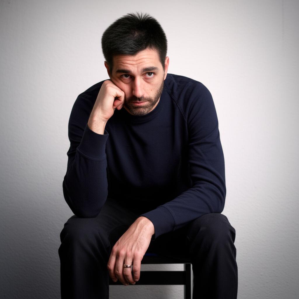 Man looking tired and frustrated, sitting alone